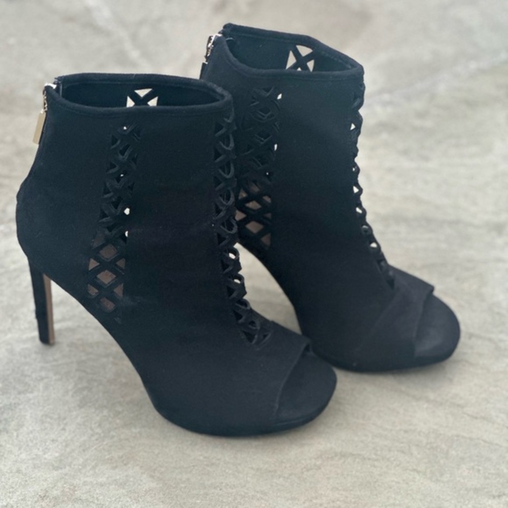 BCBG Delaney Elegant Black Fabric Peep-Toe Ankle Booties Stiletto Heels
